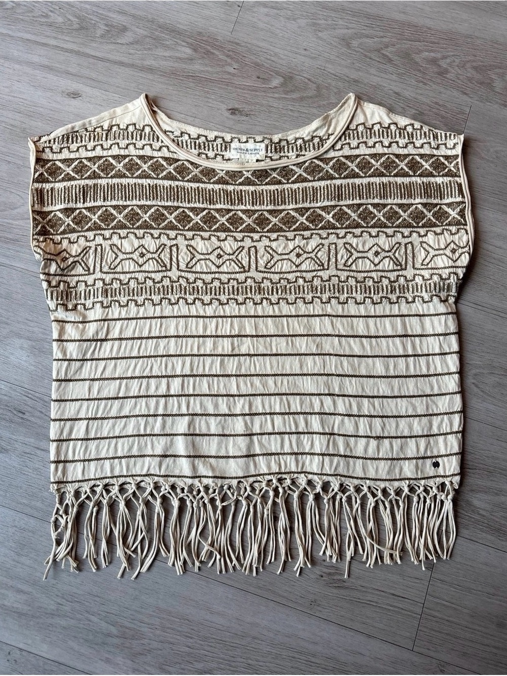 Denim & Supply Ralph Lauren Cream and Brown Embroidered Fringe Crop Top Large